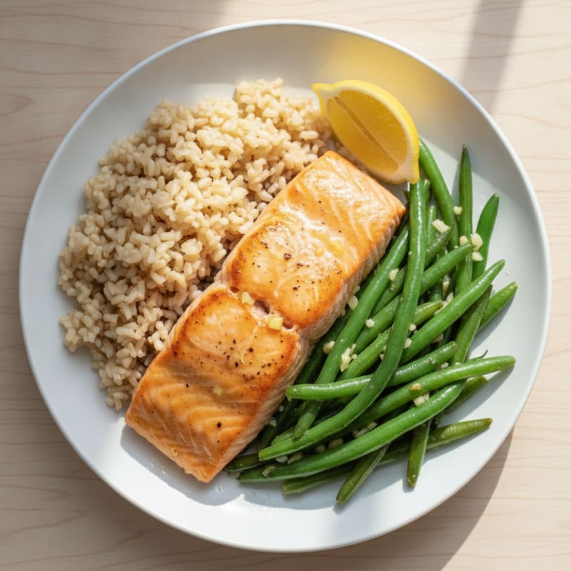 Seared Salmon with Garlic Green Beans and Brown Rice