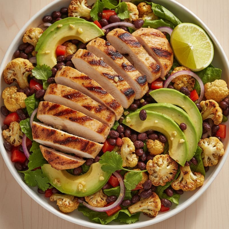 Grilled Chicken and Avocado Salad with Black Beans and Roasted Cauliflower