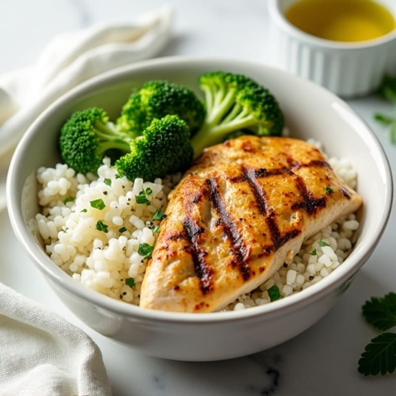 Grilled Chicken Rice Bowl with Steamed Broccoli and Herb Vinaigrette