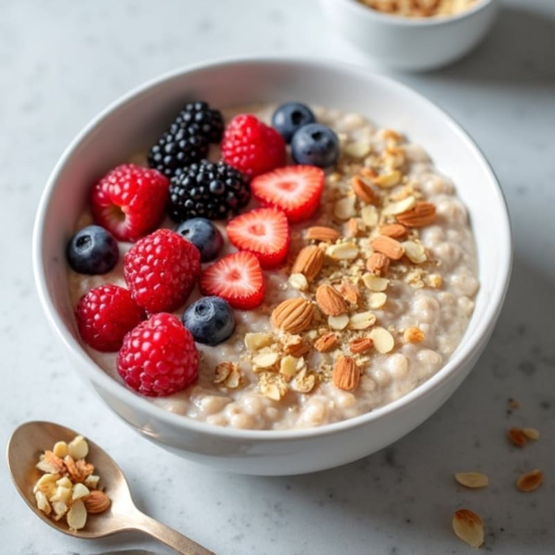 Creamy Protein Oatmeal with Fresh Berries and Crunchy Almonds