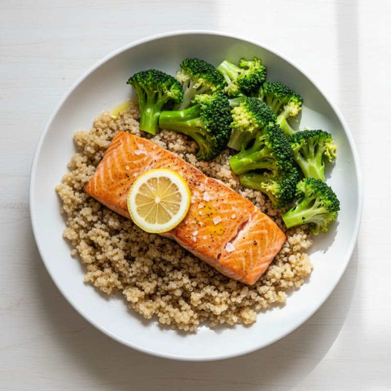 Seared Salmon with Steamed Broccoli and Quinoa
