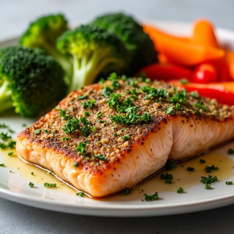 Herb-Crusted Pan Seared Salmon with Roasted Vegetables