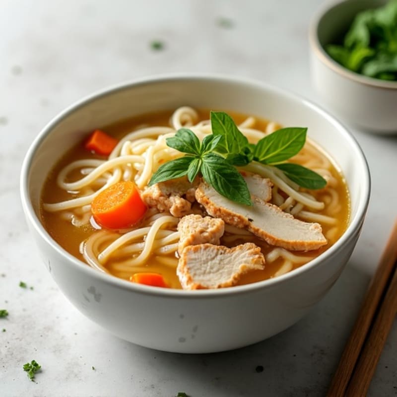Aromatic Chicken and Rice Noodle Soup with Fresh Herbs