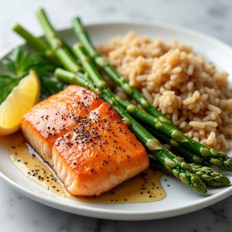 Seared Salmon with Steamed Asparagus and Brown Rice