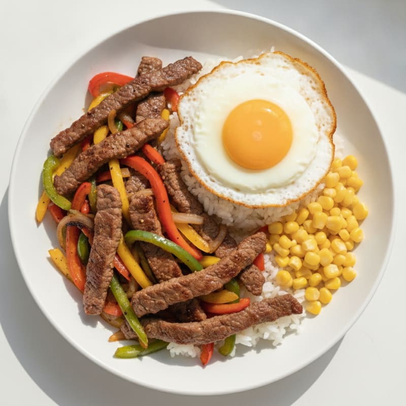 Seared Steak with Pepper-Onion Stir Fry and Steamed Rice