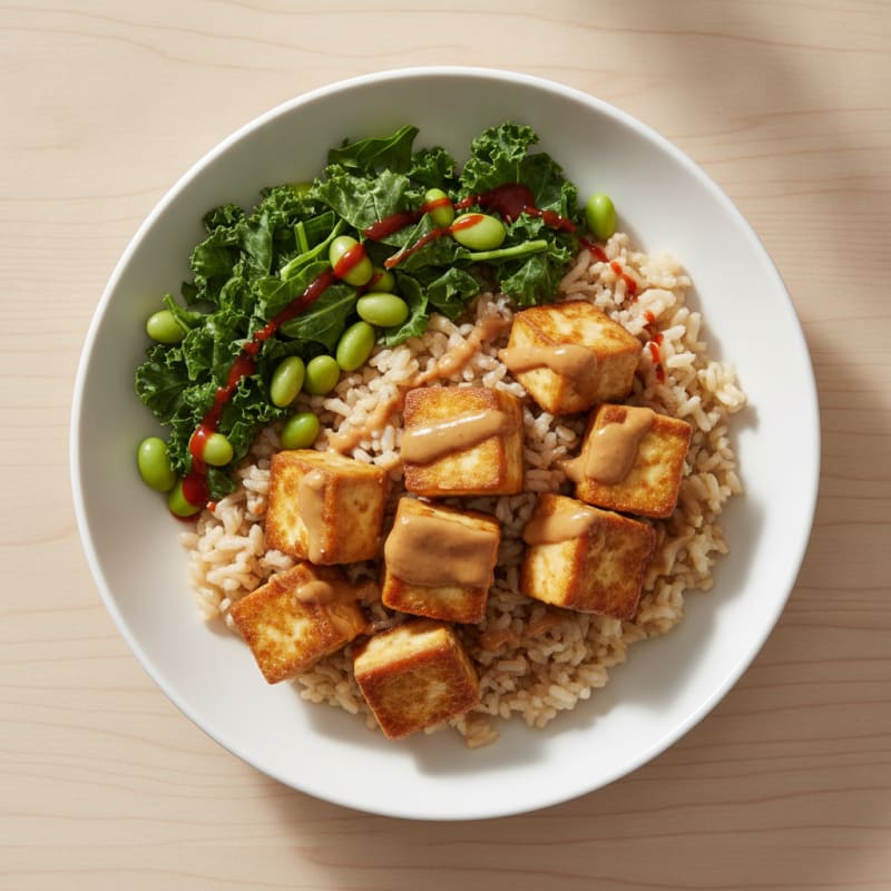 Peanut Tofu Rice Bowl with Fresh Greens