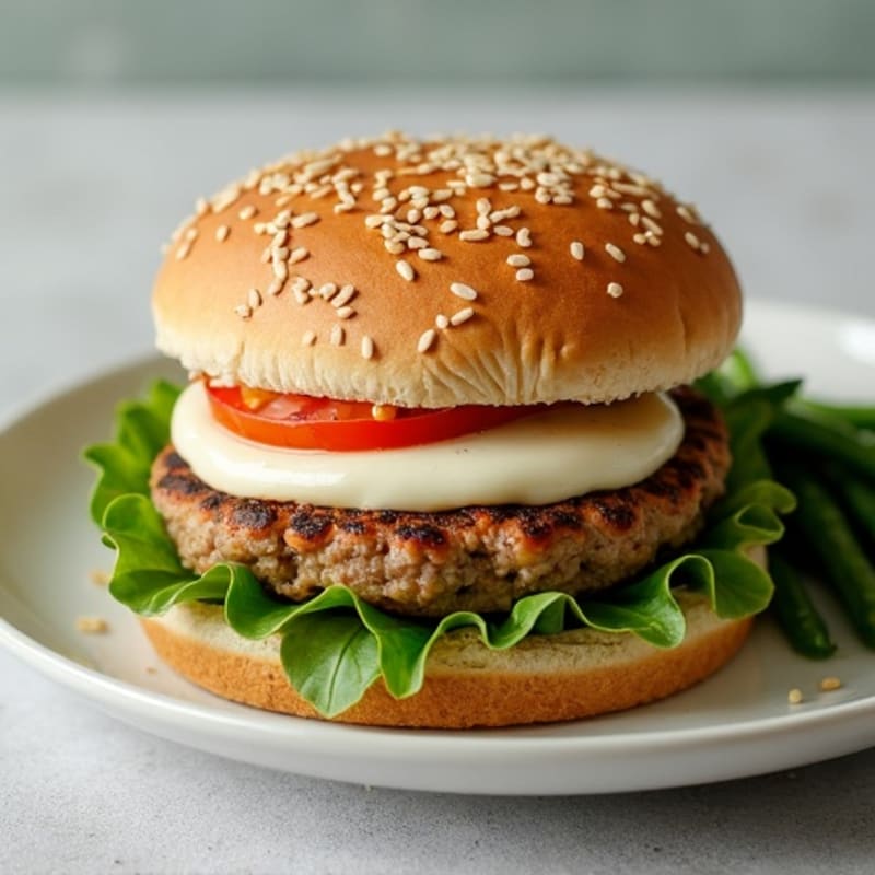 Lean Turkey Burger with Melty Mozzarella and Crispy Roasted Green Beans