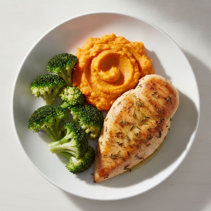 Herb-Roasted Chicken Breast with Steamed Broccoli and Sweet Potato Mash