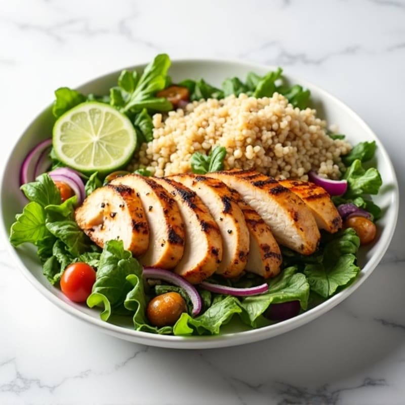 Grilled Chicken Breast Salad with Mixed Greens, Cucumber, Red Onion, and Quinoa