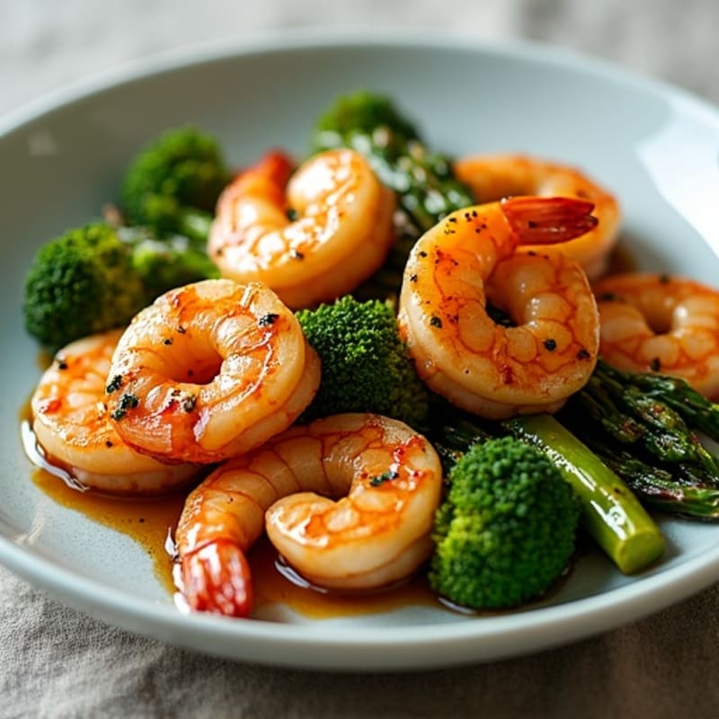 Pan-Seared Teriyaki Shrimp with Roasted Asparagus and Broccoli