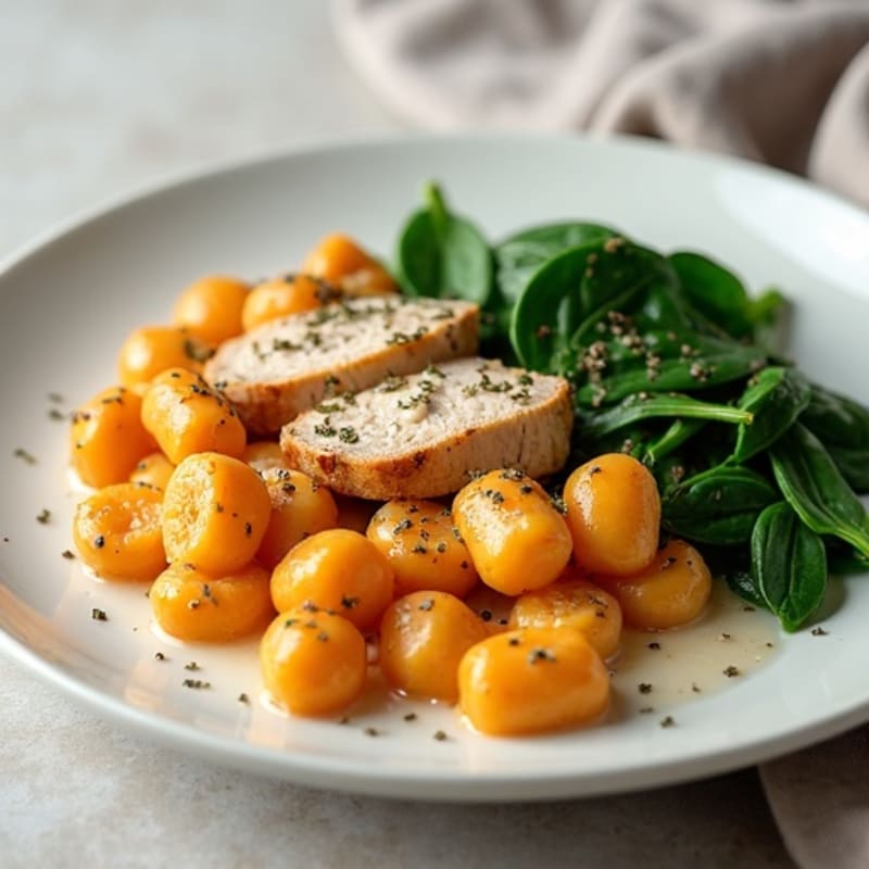 Creamy Sweet Potato Gnocchi with Roasted Chicken and Spinach