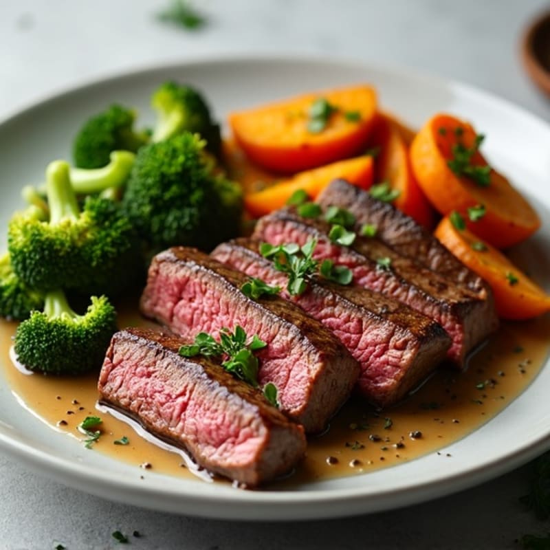 Seared Beef Strips with Roasted Broccoli and Sweet Potato