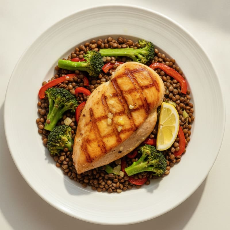 Seared Chicken Breast with Sautéed Mixed Vegetables and Lentils