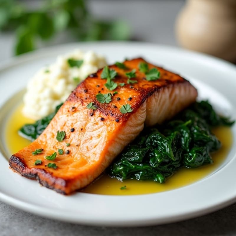 Seared Salmon with Garlic Spinach and Cauliflower Mash