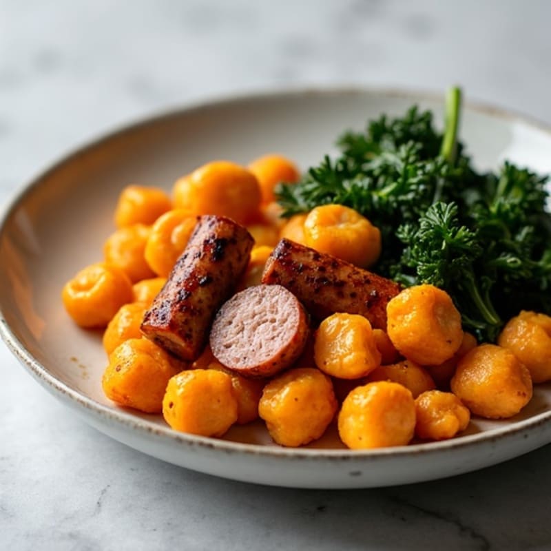 Sweet Potato Gnocchi with Crispy Chicken Sausage and Sautéed Kale