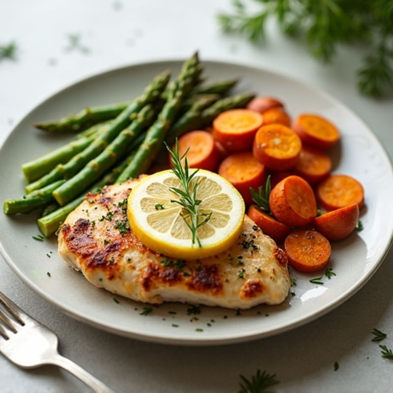 Crispy Lemon-Herb Roasted Chicken with Roasted Asparagus and Sweet Potatoes