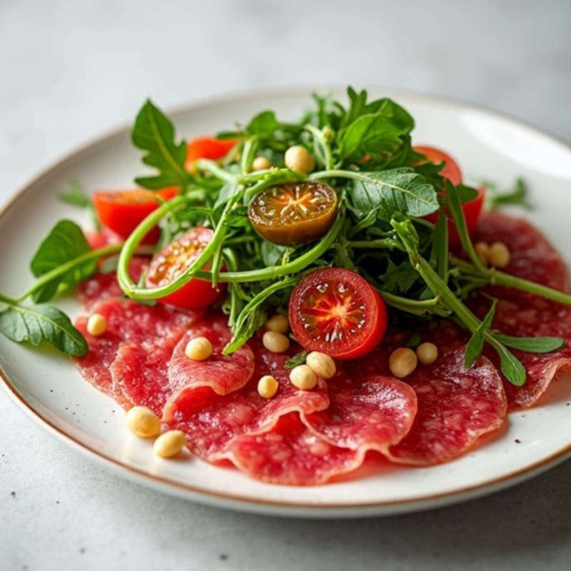 Lean Beef Carpaccio with Crunchy Pine Nuts and Fresh Greens