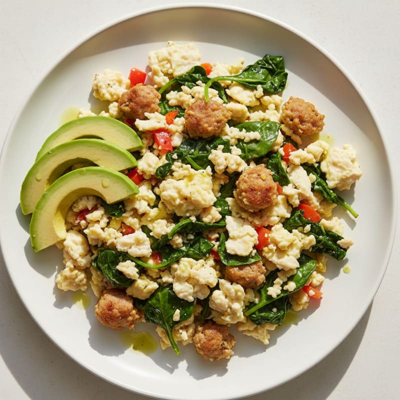 Egg White and Turkey Sausage Scramble with Sautéed Spinach