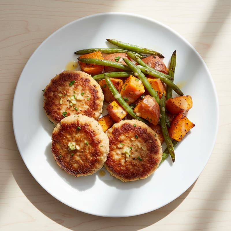 Seared Turkey Patties with Roasted Sweet Potatoes and Green Beans