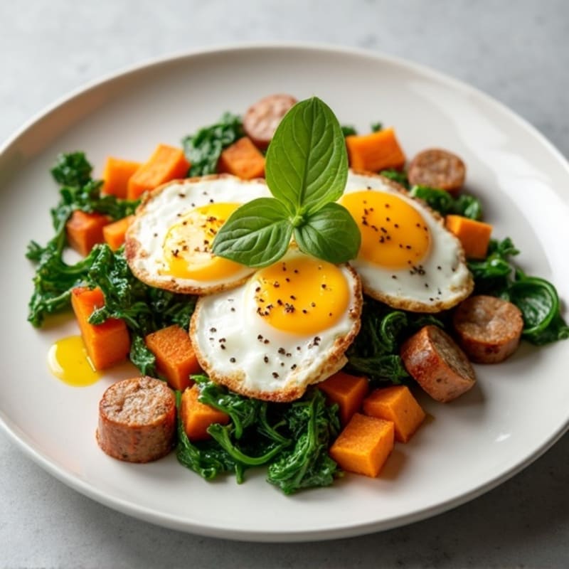 Egg White and Turkey Sausage Scramble with Spinach and Roasted Sweet Potato