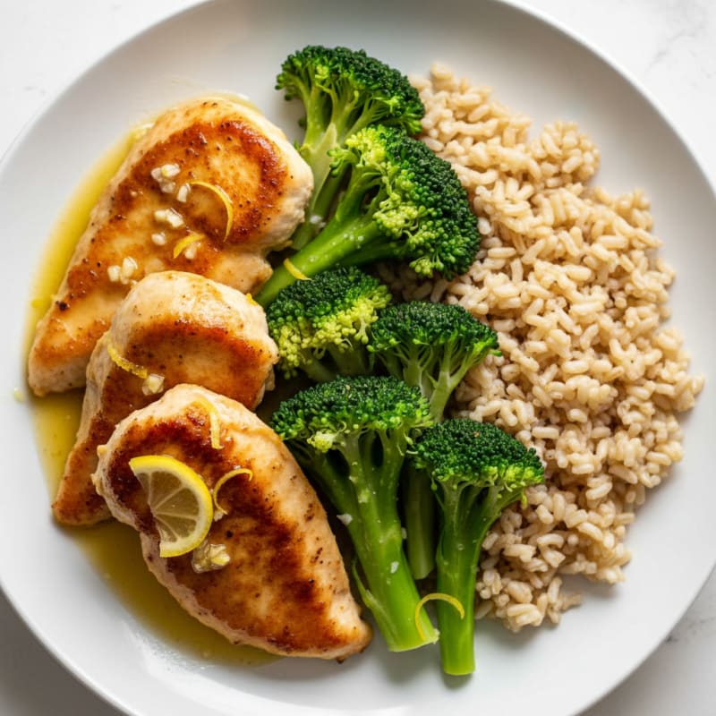 Lemon Garlic Chicken with Steamed Broccoli and Brown Rice