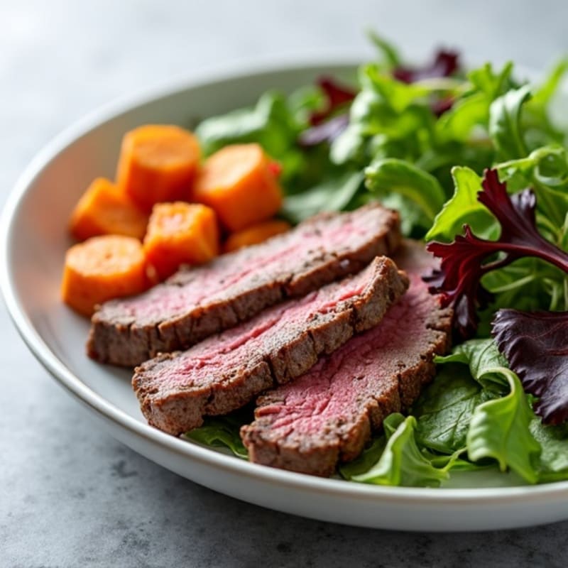Seared Lean Beef Strips with Roasted Sweet Potato and Mixed Greens