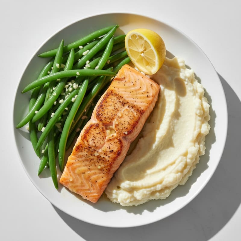 Seared Salmon with Steamed Green Beans and Cauliflower Mash