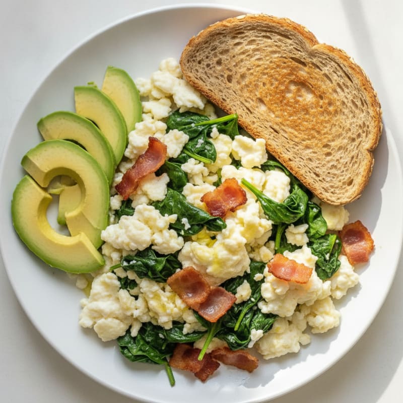 Crispy Turkey Bacon and Egg White Scramble with Spinach and Avocado