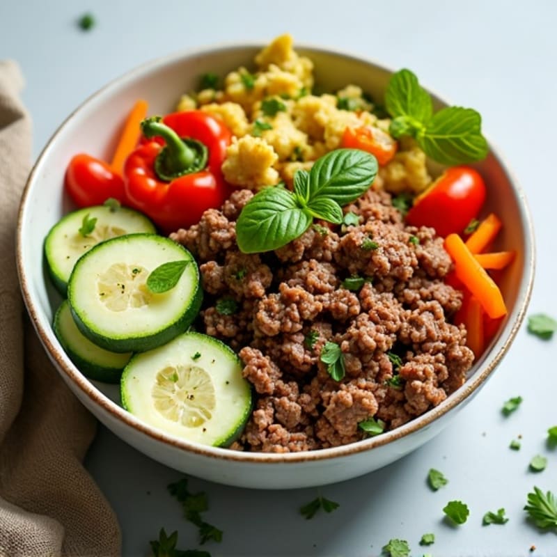 Lean Ground Beef and Crispy Veggie Bowl with Creamy Tangy Dressing