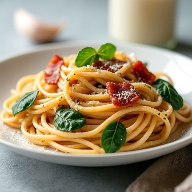 Creamy Garlic Whole Wheat Pasta with Crispy Bacon and Spinach