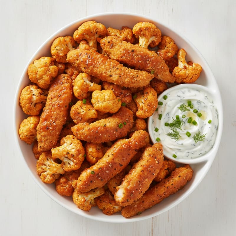 Buffalo Cauliflower and Chicken Bites with Ranch Dip