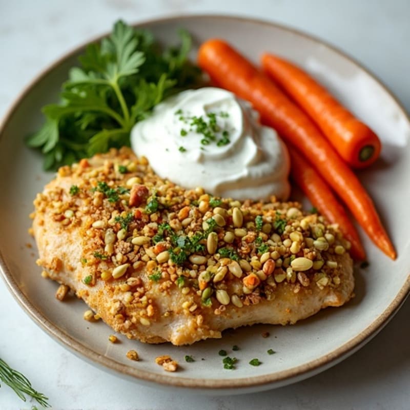 Pistachio-Crusted Chicken with Roasted Carrots and Creamy Herb Yogurt
