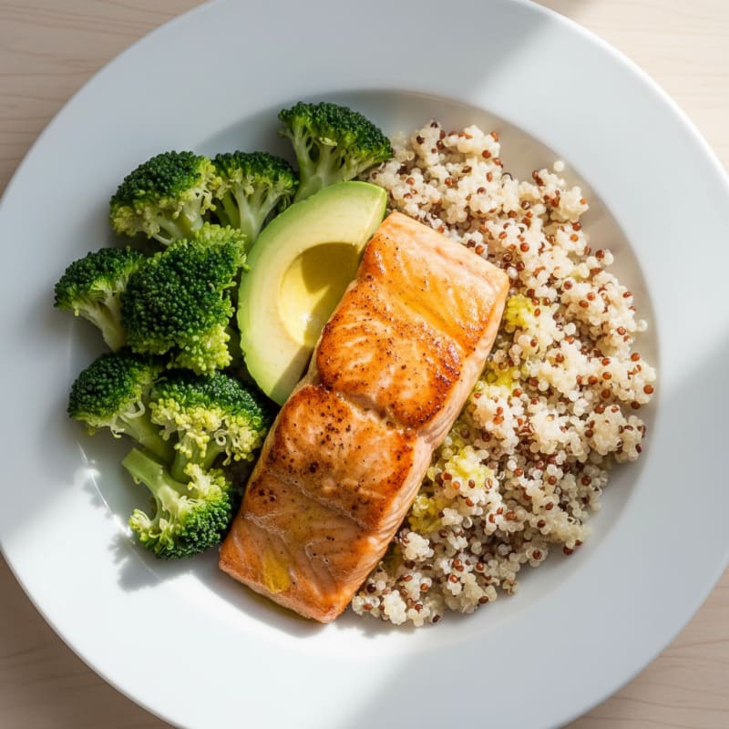 Seared Salmon with Steamed Broccoli and Quinoa