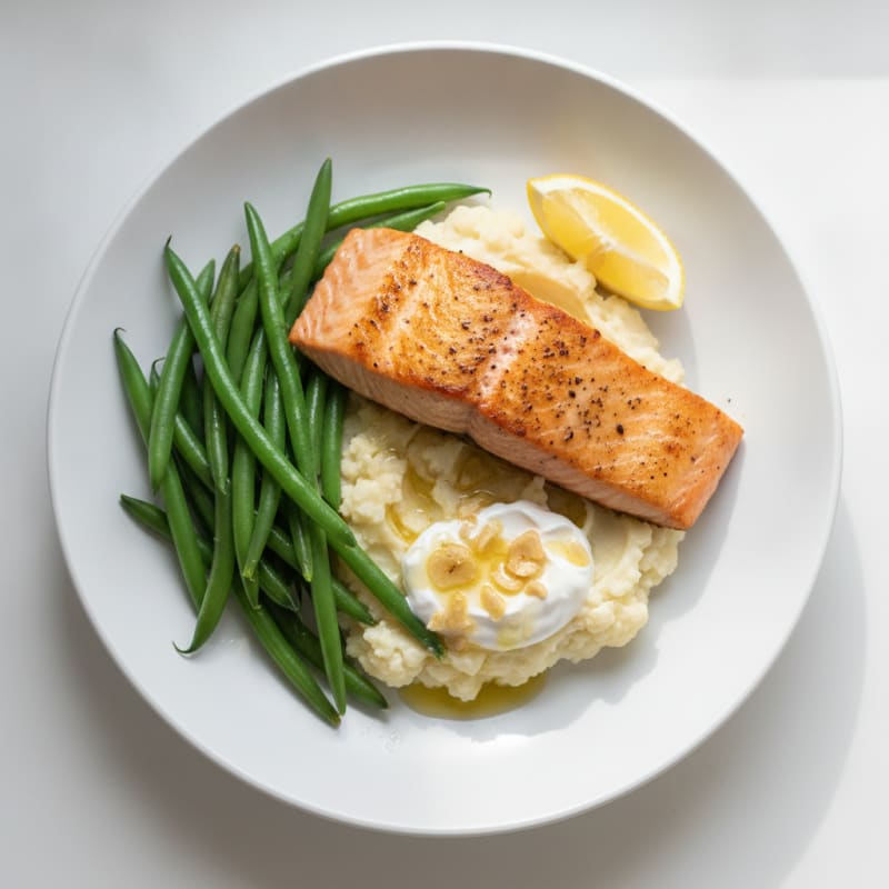 Seared Salmon Fillet with Steamed Green Beans and Garlic Mashed Cauliflower
