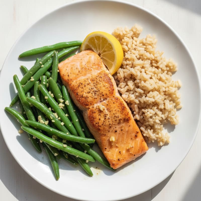 Seared Salmon Fillet with Garlic Green Beans and Brown Rice
