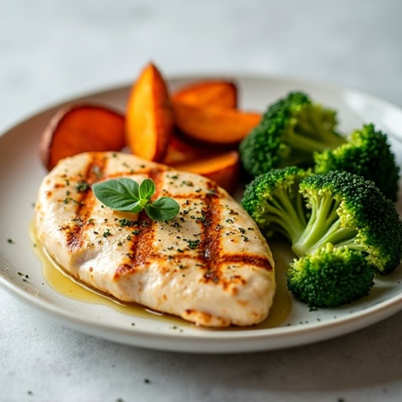 Grilled Chicken Breast with Roasted Sweet Potato and Steamed Broccoli