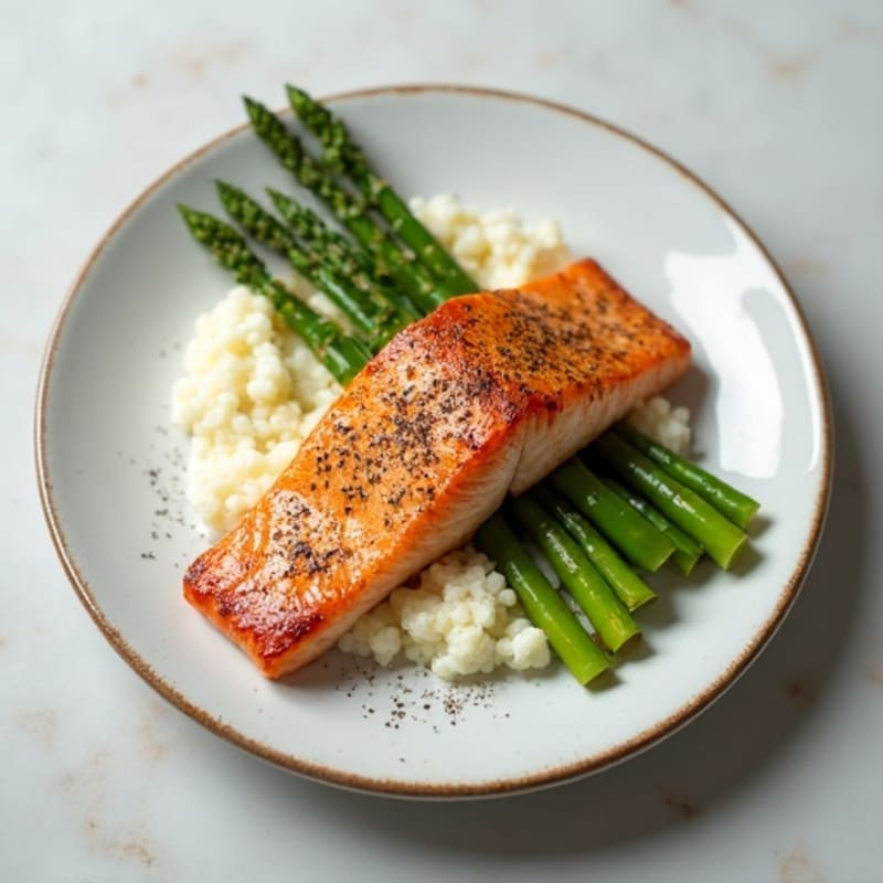 Seared Salmon with Steamed Asparagus and Garlic Cauliflower Mash