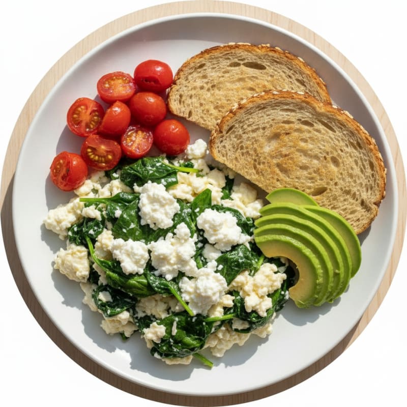 Egg White Spinach Scramble with Cottage Cheese and Cherry Tomatoes