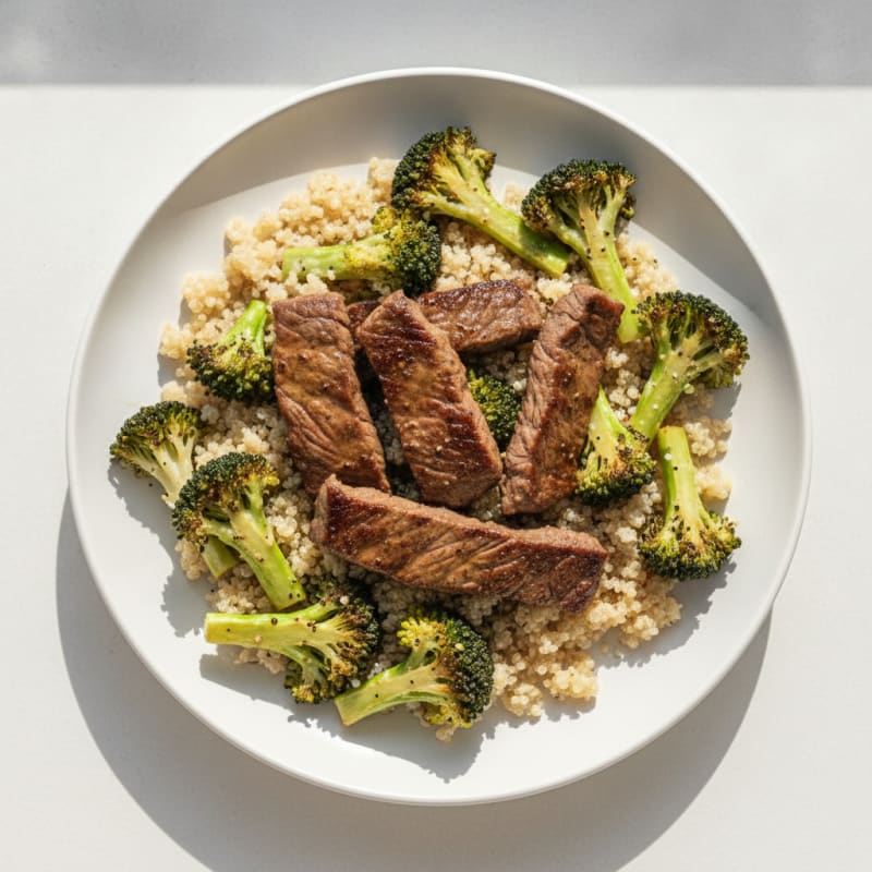 Seared Lean Beef Strips with Roasted Broccoli and Quinoa