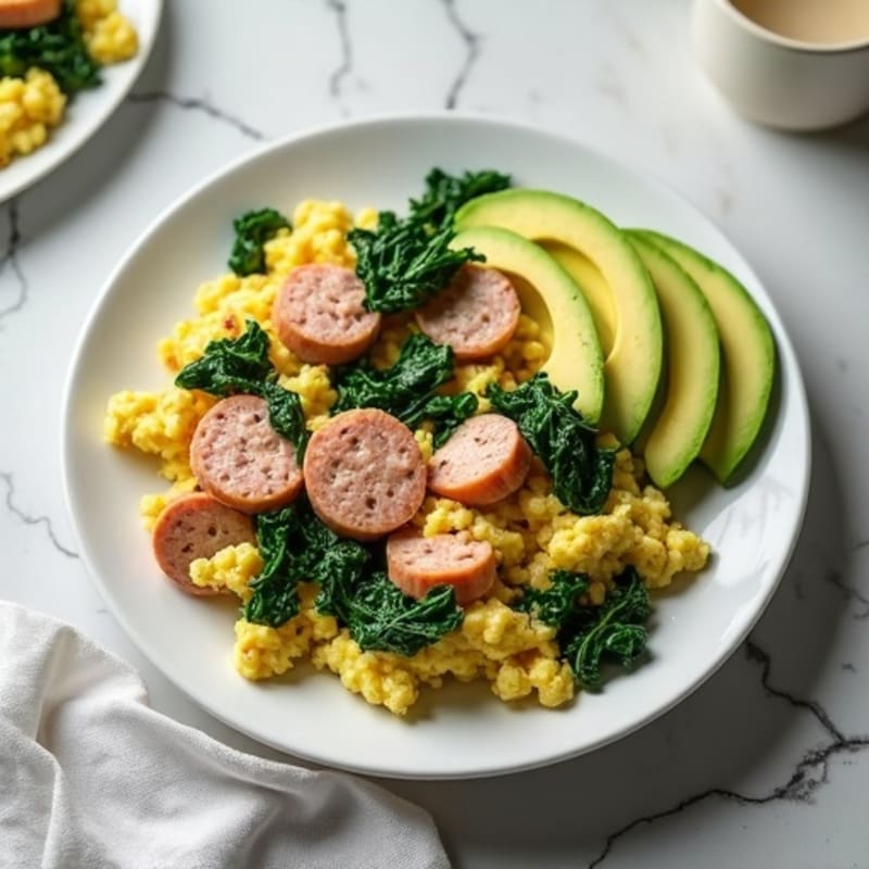 Egg White and Turkey Sausage Scramble with Sautéed Spinach