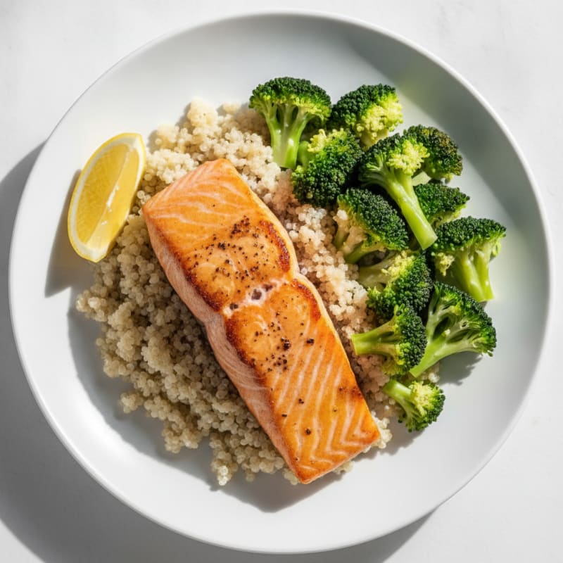 Seared Salmon Fillet with Steamed Broccoli and Quinoa