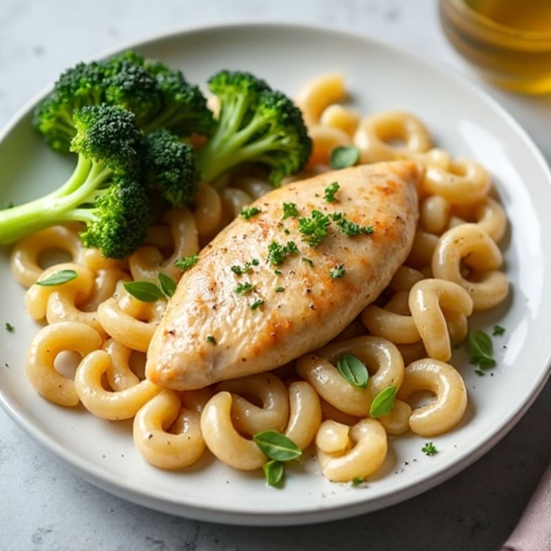 Creamy Garlic Chicken Pasta with Roasted Broccoli