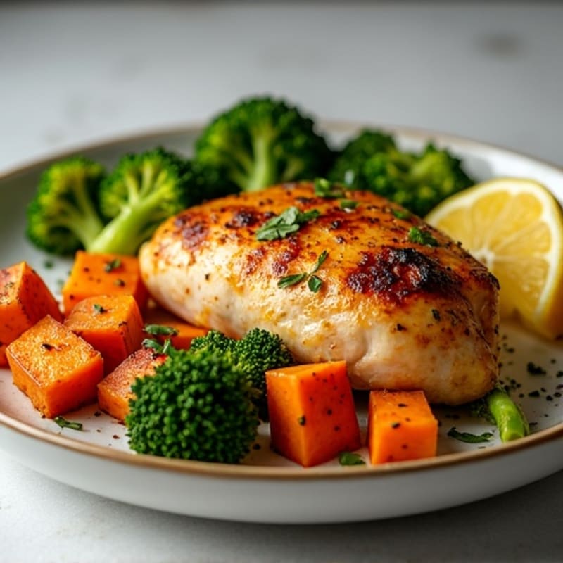 Lemon-Herb Roasted Chicken with Crispy Roasted Sweet Potatoes and Tender Broccoli