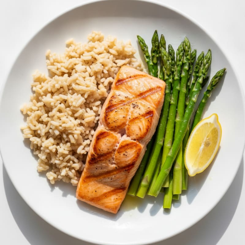 Seared Salmon Fillet with Steamed Asparagus and Brown Rice