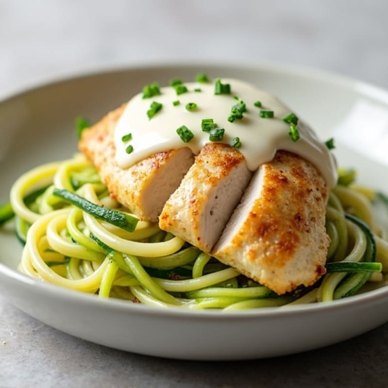Creamy Cauliflower Alfredo Chicken with Zucchini Noodles