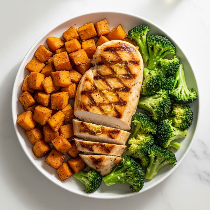Grilled Chicken Breast with Roasted Sweet Potato and Steamed Broccoli