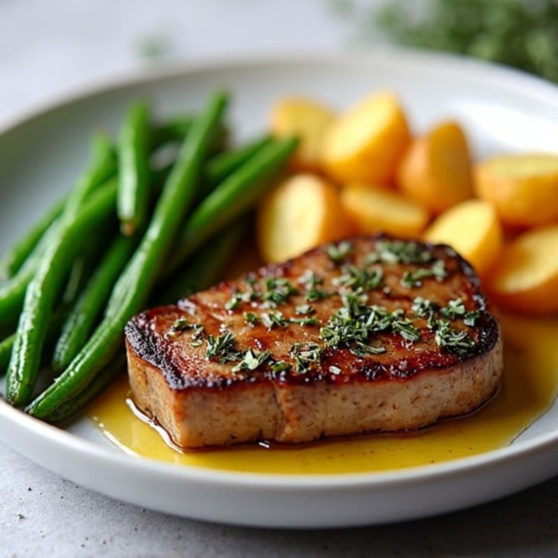 Pan-Seared Garlic Herb Steak with Crispy Roasted Potatoes and Green Beans