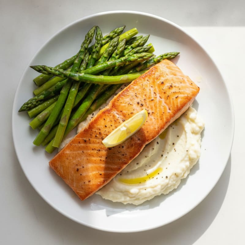 Seared Salmon with Steamed Asparagus and Cauliflower Mash