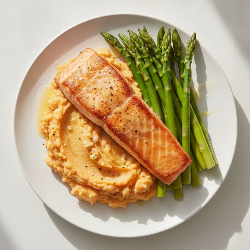 Seared Salmon Fillet with Steamed Asparagus and Garlic Mashed Sweet Potatoes
