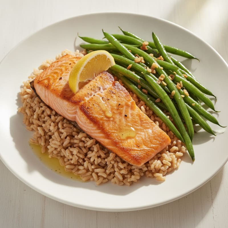 Seared Salmon Fillet with Garlic Green Beans and Brown Rice